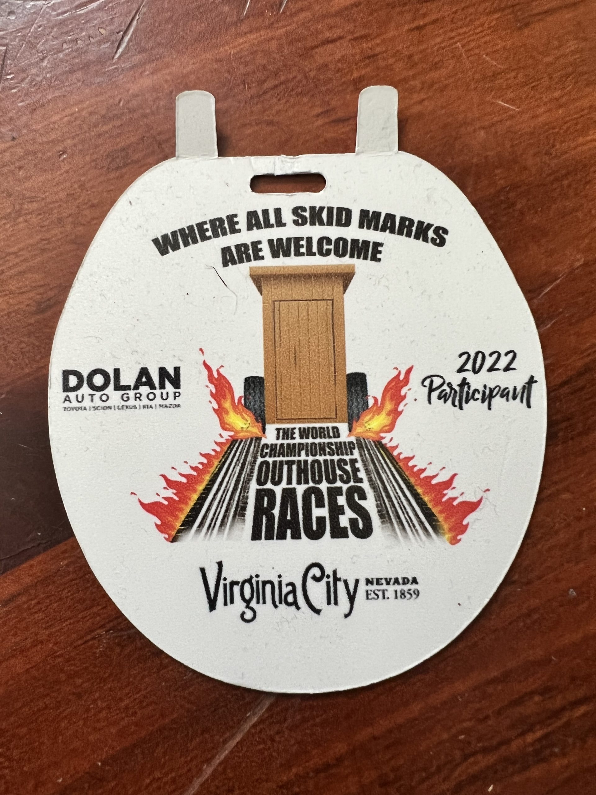 Participation trophy shaped like toilet lid virginia city outhouse races ca